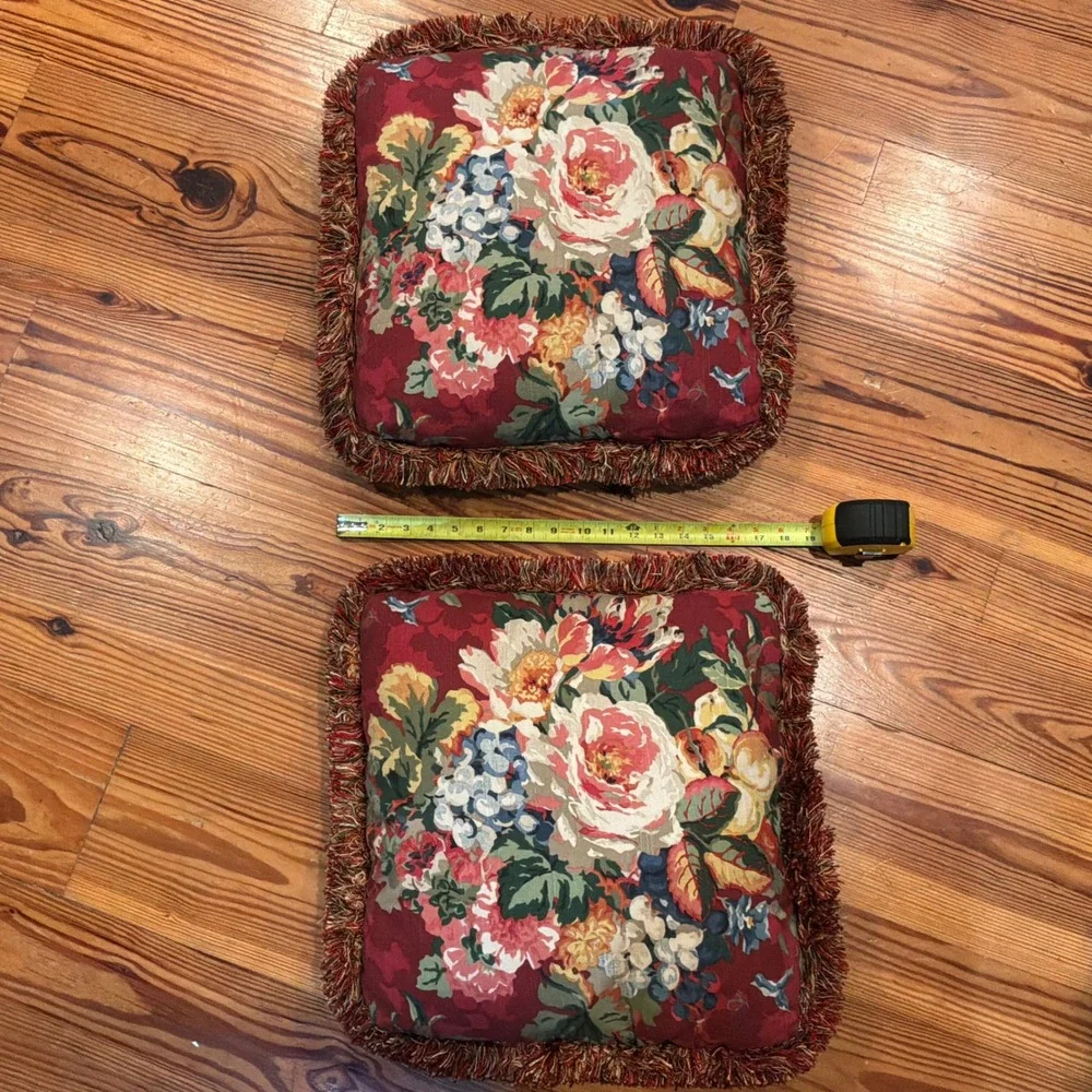 Vintage Floral Fringe Throw Pillows Set of 2 Burgundy Red Rose Peony 18x18